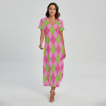 Pink And Green Argyle Pattern Print Short Sleeve Maxi Dress