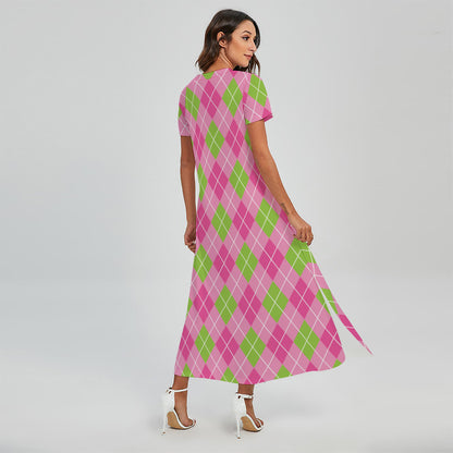 Pink And Green Argyle Pattern Print Short Sleeve Maxi Dress