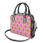 Pink And Green Argyle Pattern Print Shoulder Handbag