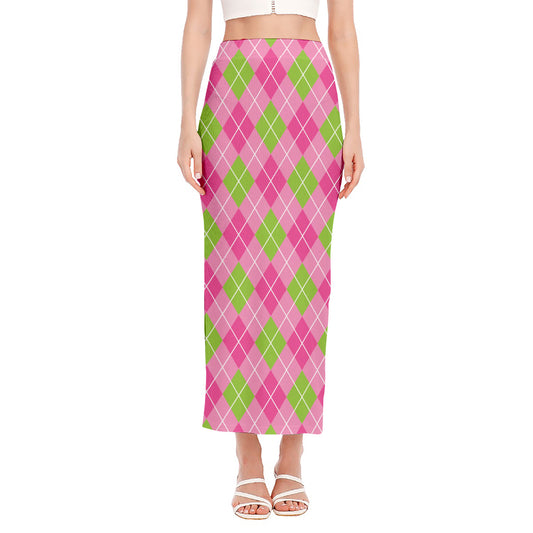 Pink And Green Argyle Pattern Print Side Slit Maxi Skirt