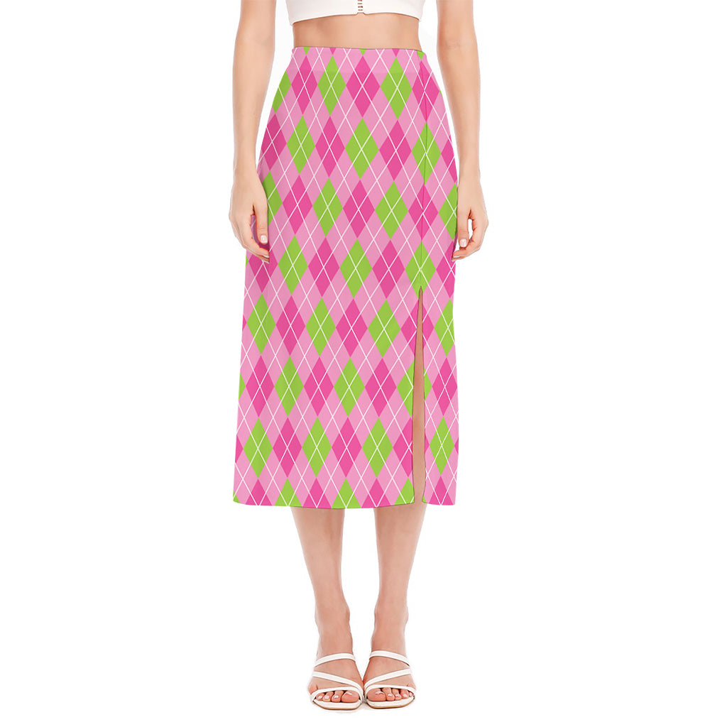 Pink And Green Argyle Pattern Print Side Slit Midi Skirt
