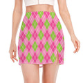 Pink And Green Argyle Pattern Print Side Slit Mini Skirt