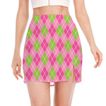 Pink And Green Argyle Pattern Print Side Slit Mini Skirt