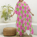 Pink And Green Argyle Pattern Print Silk V-Neck Kaftan Dress
