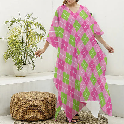 Pink And Green Argyle Pattern Print Silk V-Neck Kaftan Dress
