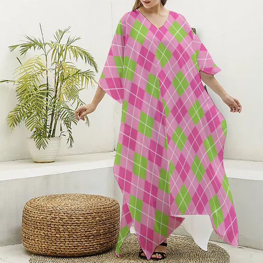 Pink And Green Argyle Pattern Print Silk V-Neck Kaftan Dress