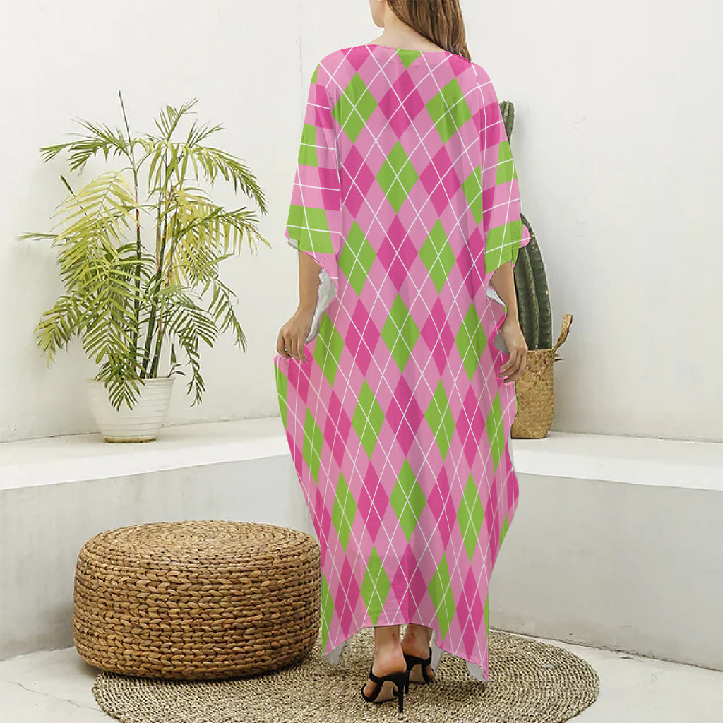 Pink And Green Argyle Pattern Print Silk V-Neck Kaftan Dress
