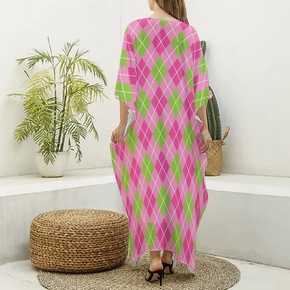Pink And Green Argyle Pattern Print Silk V-Neck Kaftan Dress