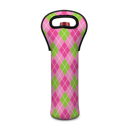 Pink And Green Argyle Pattern Print Single Neoprene Wine Tote