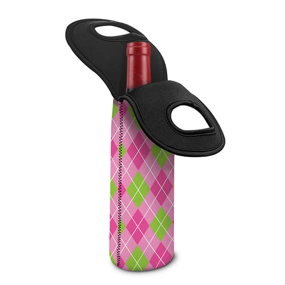 Pink And Green Argyle Pattern Print Single Neoprene Wine Tote