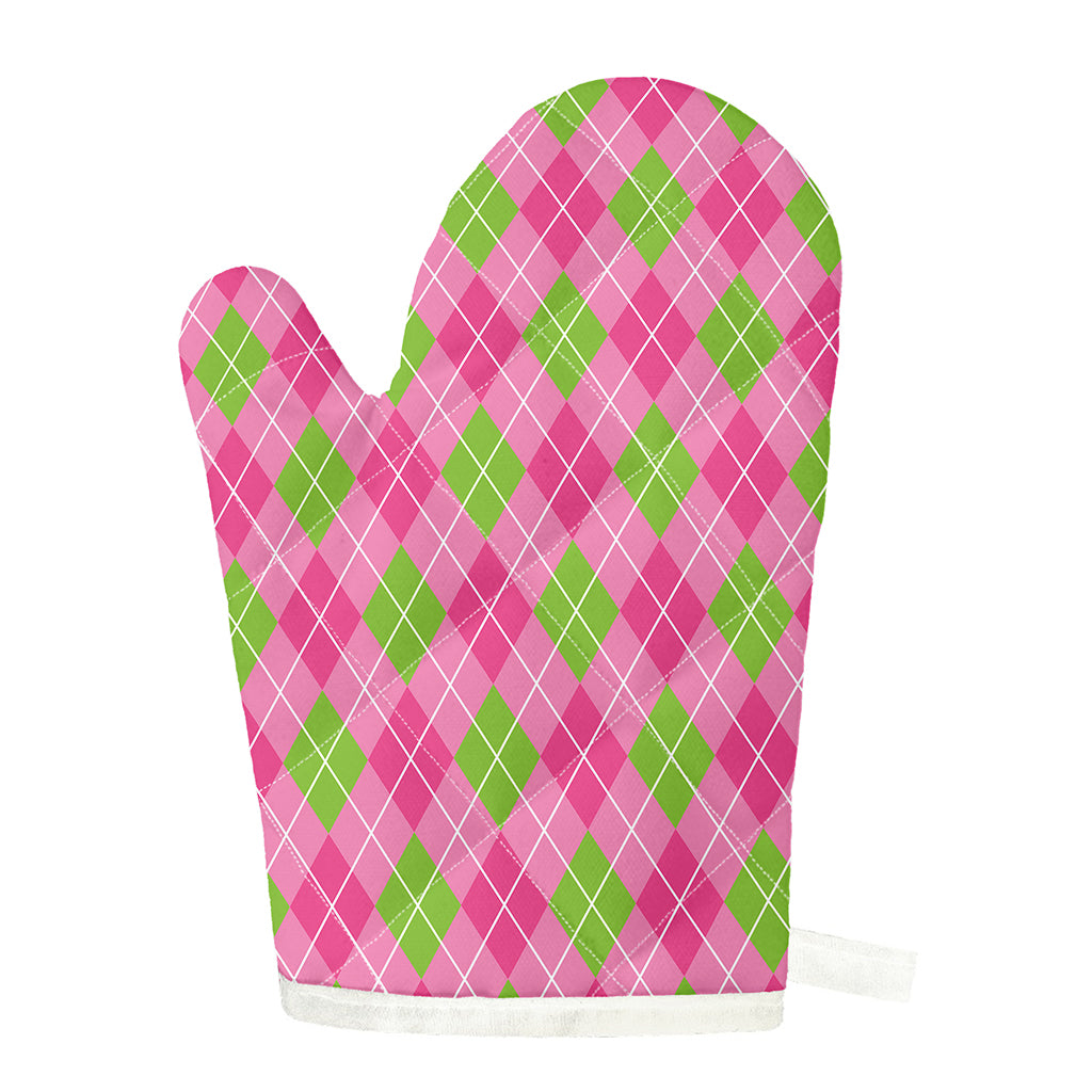 Pink And Green Argyle Pattern Print Single Oven Mitt