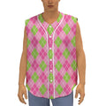 Pink And Green Argyle Pattern Print Sleeveless Baseball Jersey