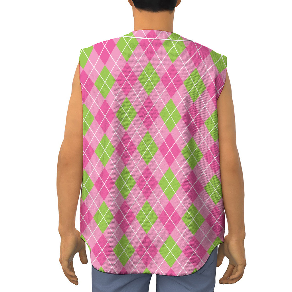 Pink And Green Argyle Pattern Print Sleeveless Baseball Jersey