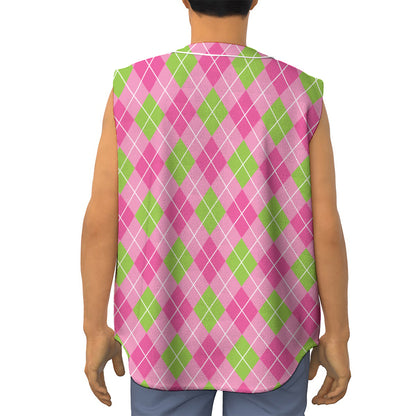 Pink And Green Argyle Pattern Print Sleeveless Baseball Jersey