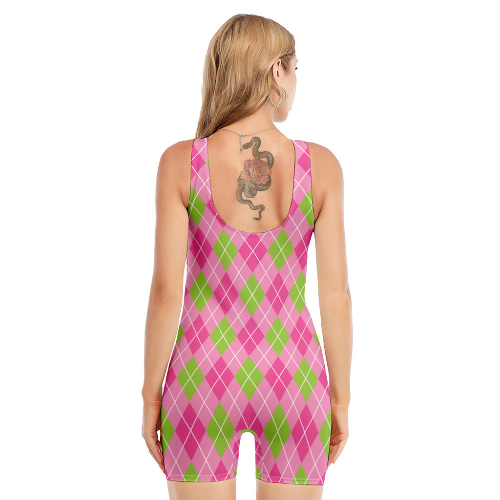 Pink And Green Argyle Pattern Print Sleeveless One Piece Swimsuit