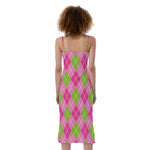 Pink And Green Argyle Pattern Print Slim Fit Midi Cami Dress