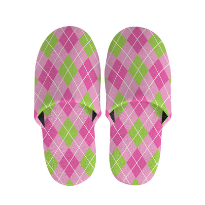 Pink And Green Argyle Pattern Print Slippers