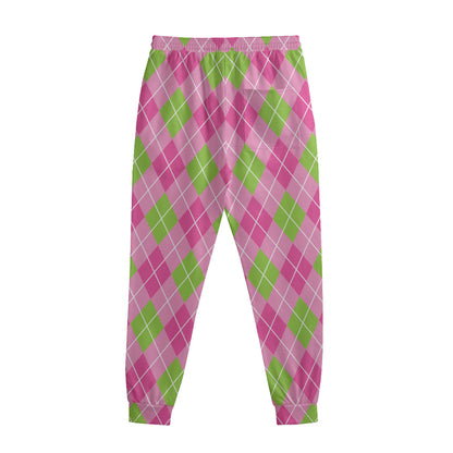 Pink And Green Argyle Pattern Print Sweatpants
