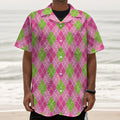 Pink And Green Argyle Pattern Print Textured Short Sleeve Shirt