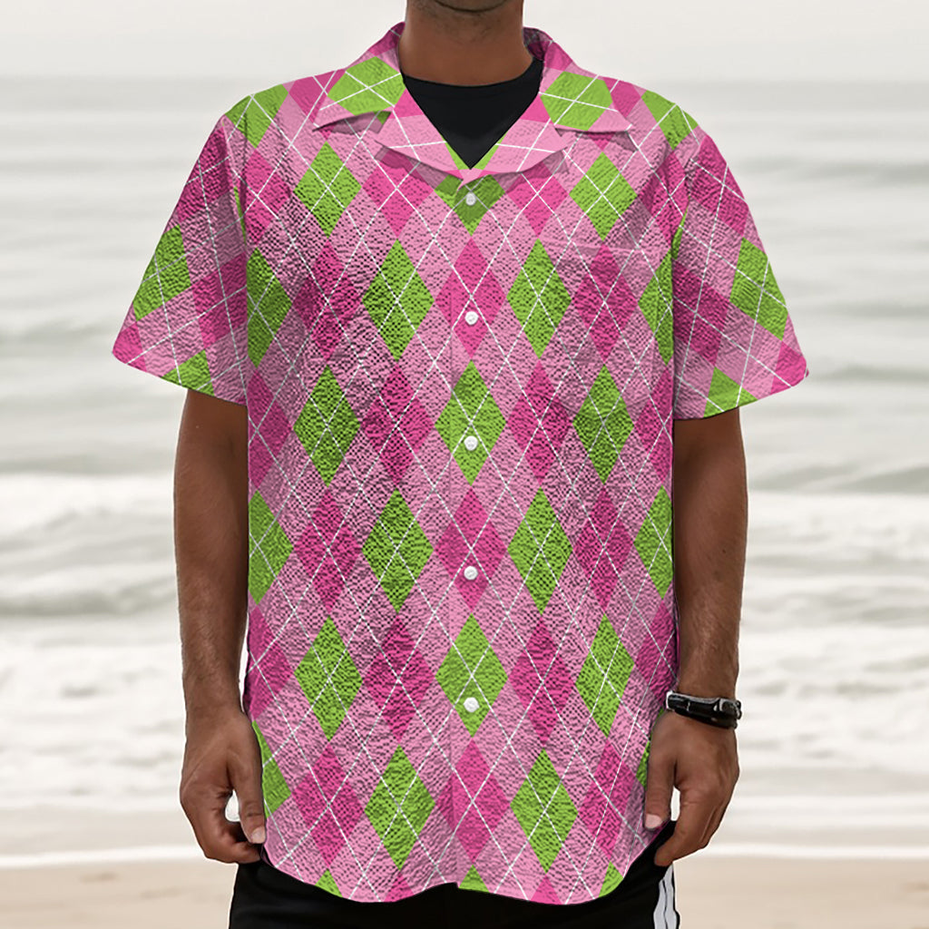 Pink And Green Argyle Pattern Print Textured Short Sleeve Shirt