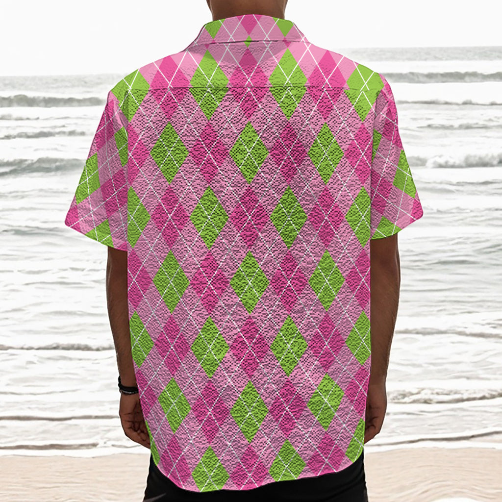 Pink And Green Argyle Pattern Print Textured Short Sleeve Shirt