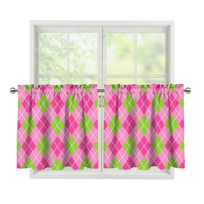 Pink And Green Argyle Pattern Print Tier Curtains