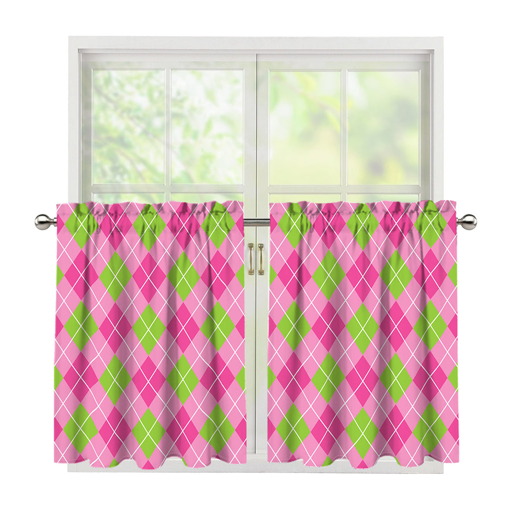 Pink And Green Argyle Pattern Print Tier Curtains