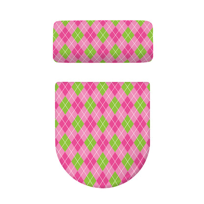 Pink And Green Argyle Pattern Print Toilet Lid And Tank Cover Set