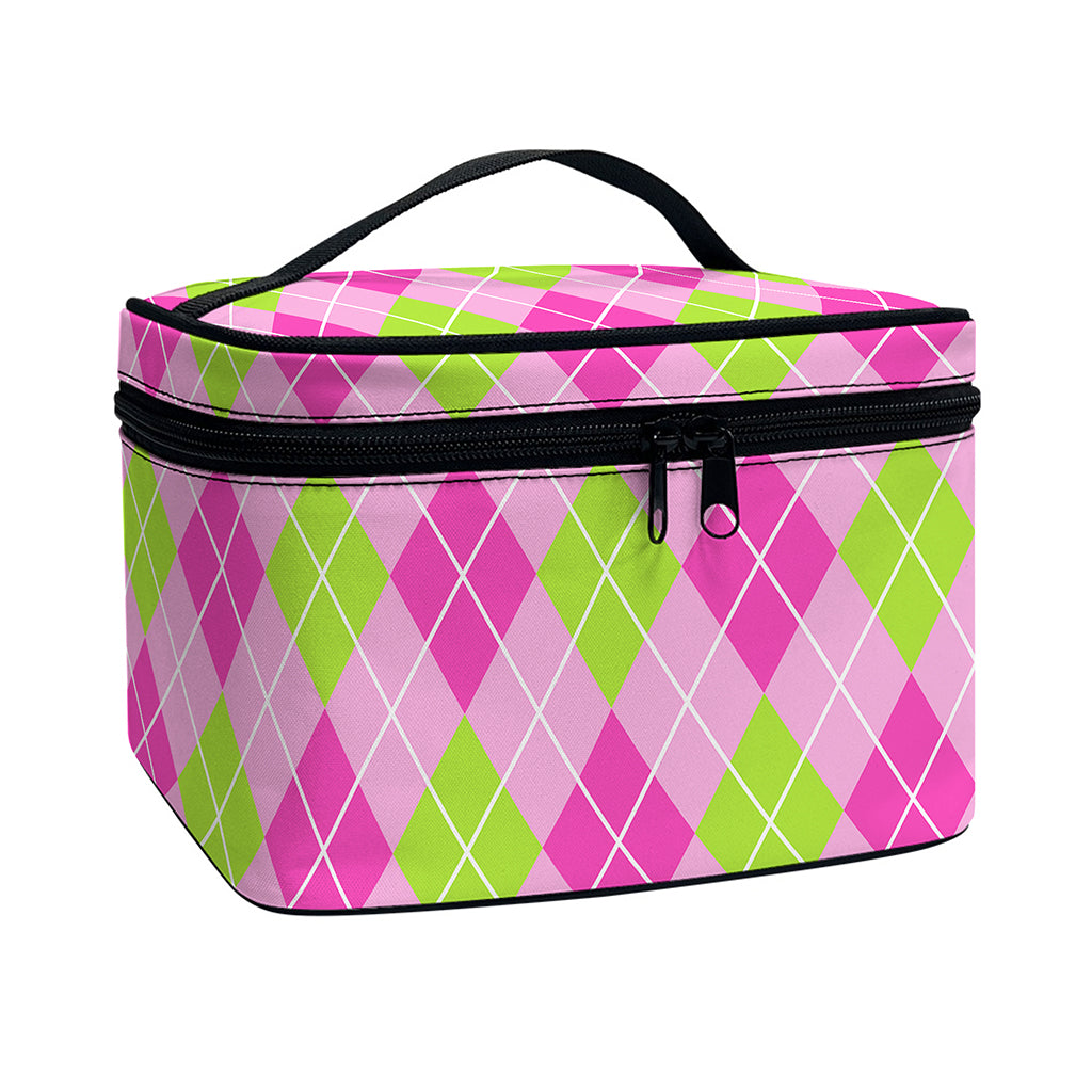 Pink And Green Argyle Pattern Print Travel Makeup Bag