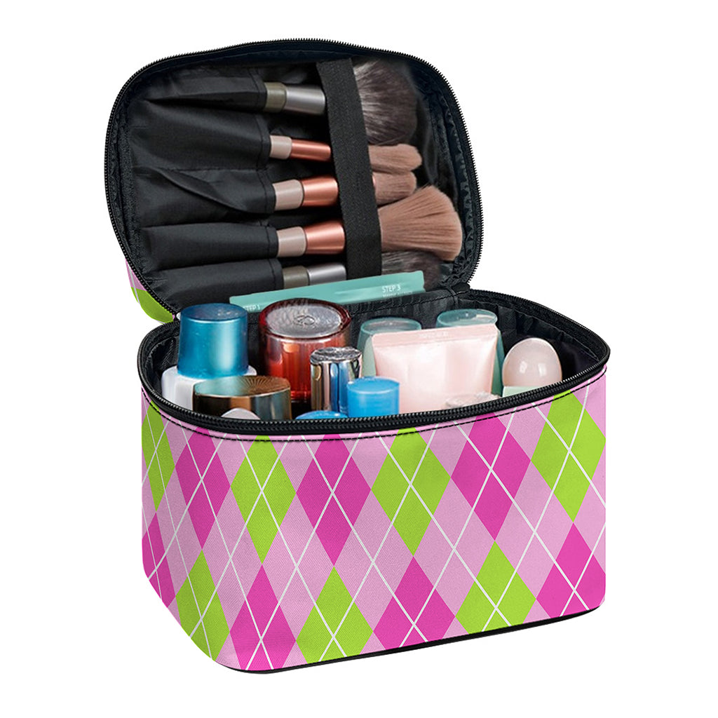 Pink And Green Argyle Pattern Print Travel Makeup Bag