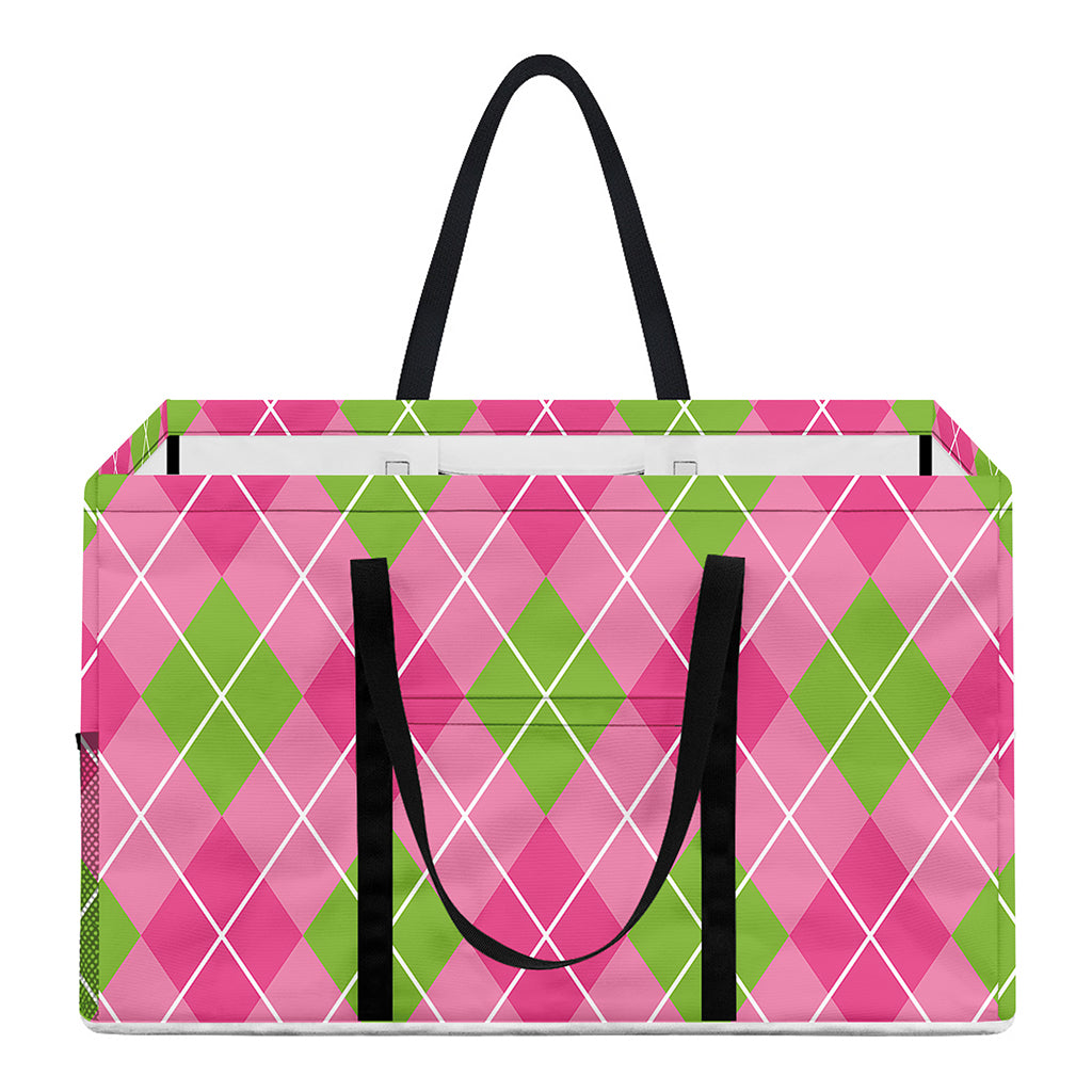 Pink And Green Argyle Pattern Print Utility Tote Bag