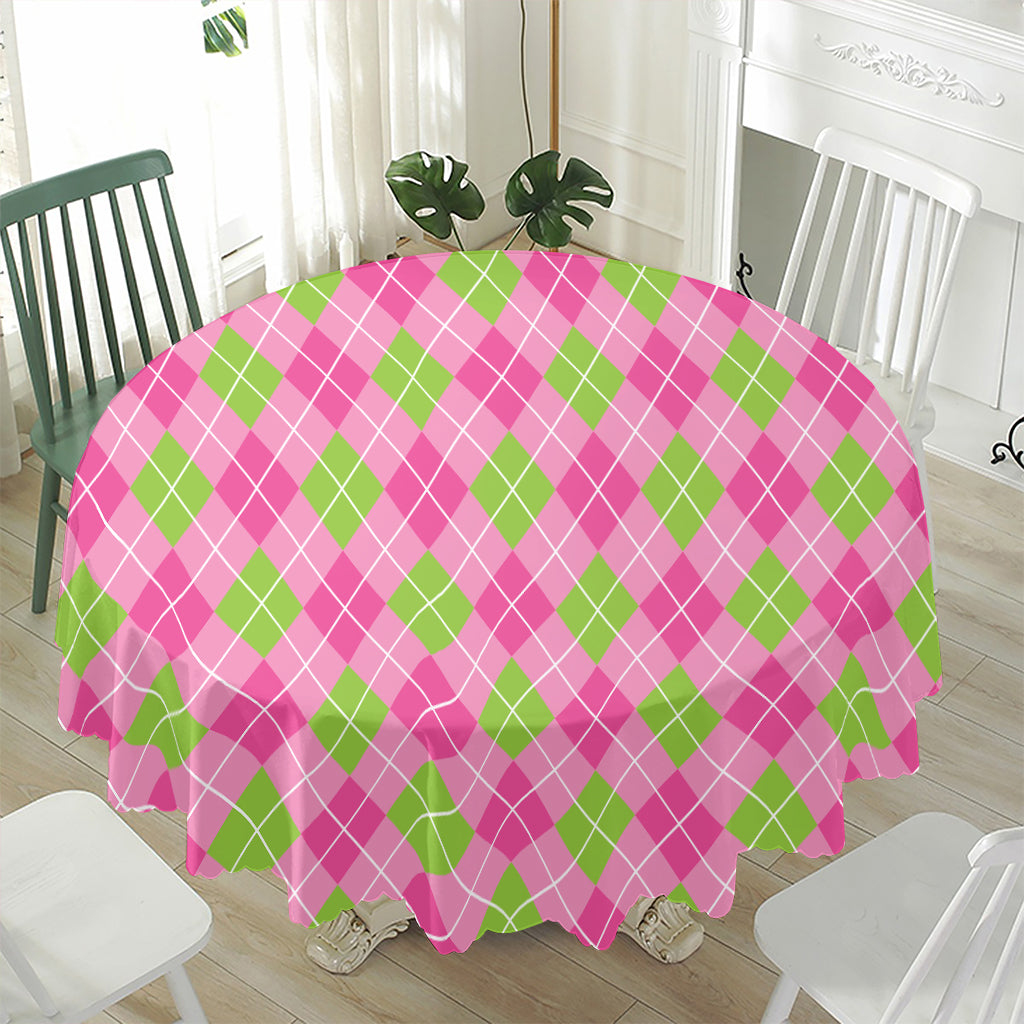 Pink And Green Argyle Pattern Print Waterproof Round Tablecloth