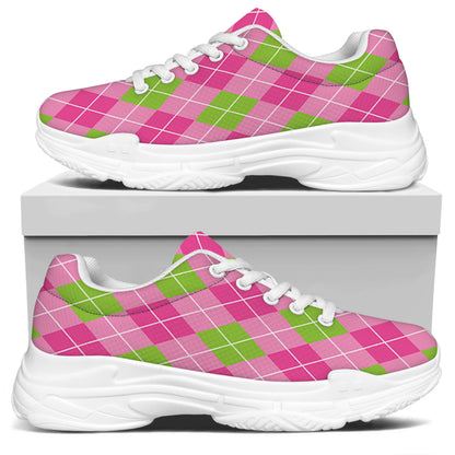 Pink And Green Argyle Pattern Print White Chunky Shoes