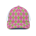 Pink And Green Argyle Pattern Print White Mesh Trucker Cap