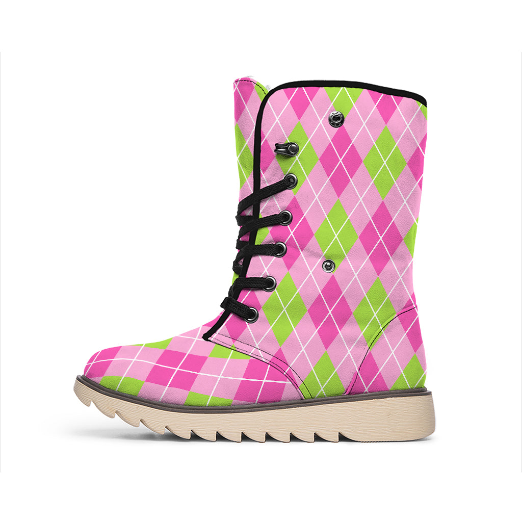 Pink And Green Argyle Pattern Print Winter Boots