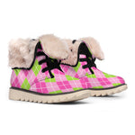 Pink And Green Argyle Pattern Print Winter Boots