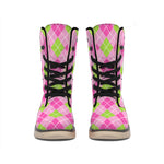 Pink And Green Argyle Pattern Print Winter Boots