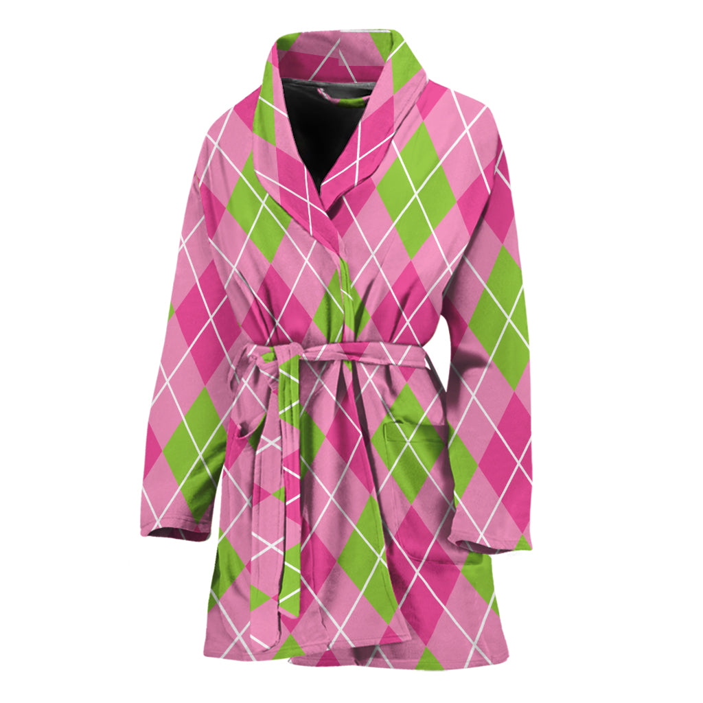 Pink And Green Argyle Pattern Print Women's Bathrobe