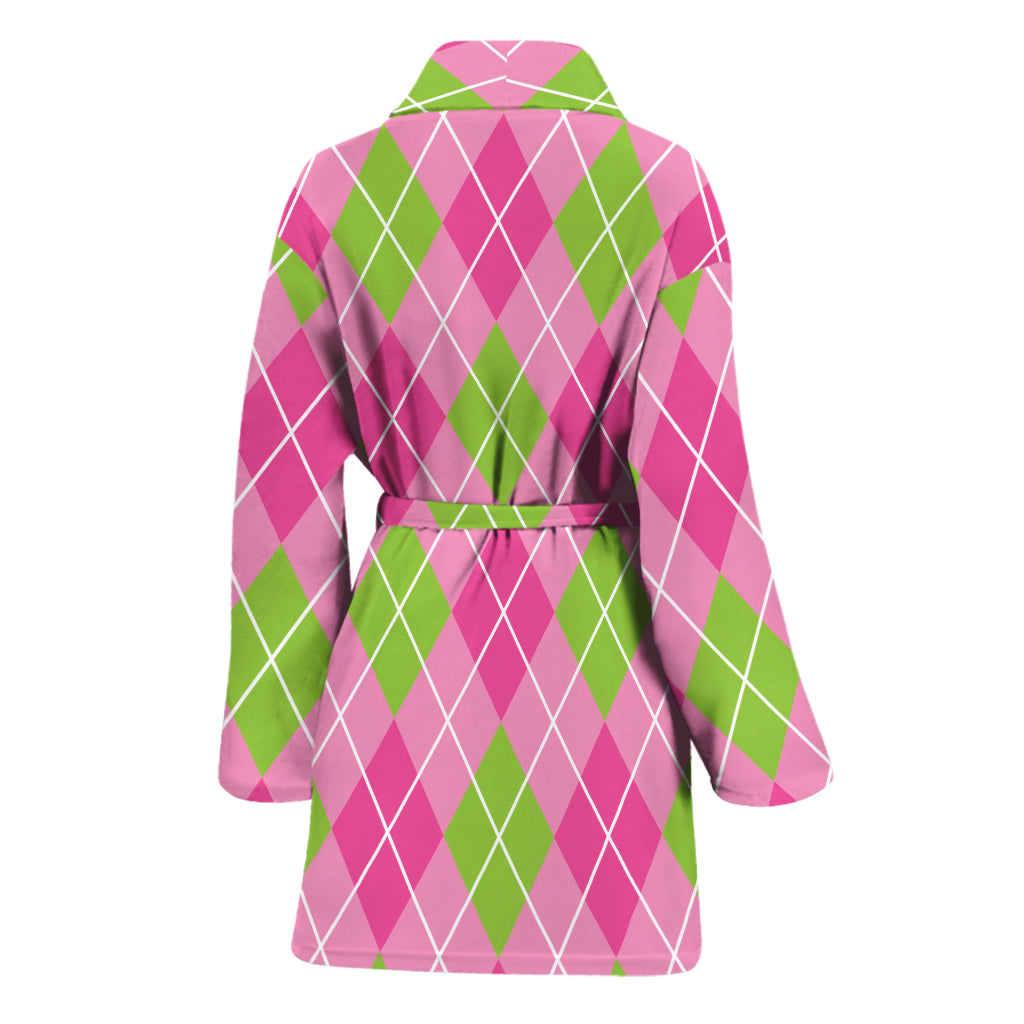 Pink And Green Argyle Pattern Print Women's Bathrobe