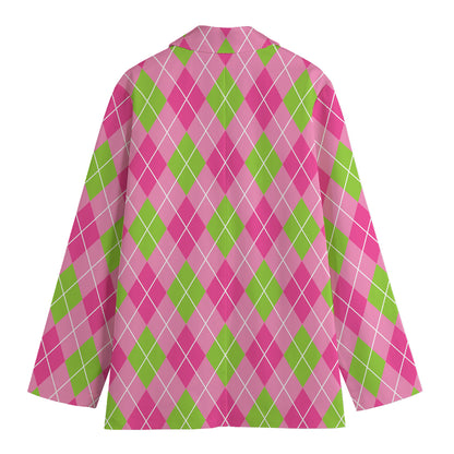 Pink And Green Argyle Pattern Print Women's Blazer