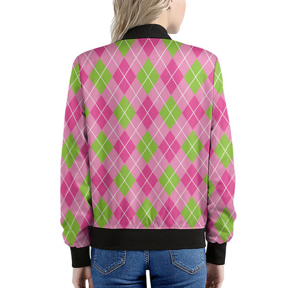 Pink And Green Argyle Pattern Print Women's Bomber Jacket