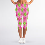 Pink And Green Argyle Pattern Print Women's Capri Leggings