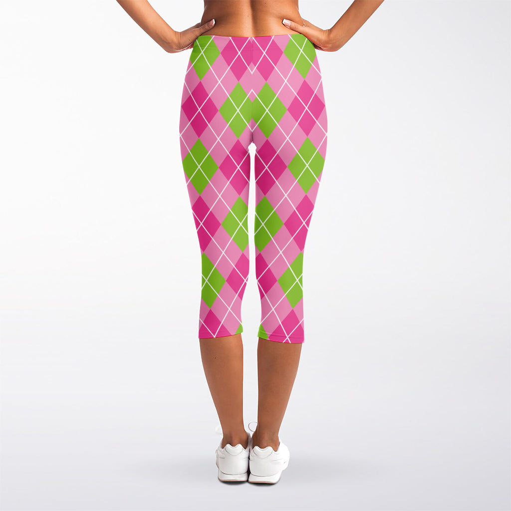 Pink And Green Argyle Pattern Print Women's Capri Leggings