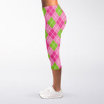 Pink And Green Argyle Pattern Print Women's Capri Leggings