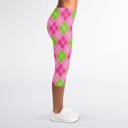 Pink And Green Argyle Pattern Print Women's Capri Leggings