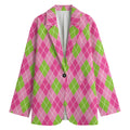 Pink And Green Argyle Pattern Print Women's Cotton Blazer
