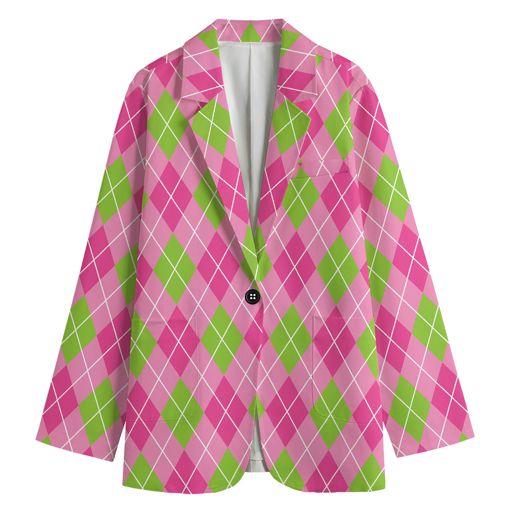 Pink And Green Argyle Pattern Print Women's Cotton Blazer