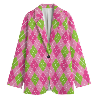 Pink And Green Argyle Pattern Print Women's Cotton Blazer