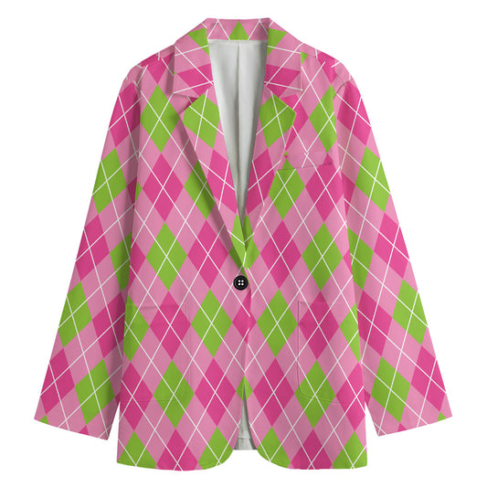 Pink And Green Argyle Pattern Print Women's Cotton Blazer