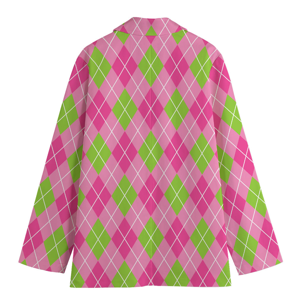 Pink And Green Argyle Pattern Print Women's Cotton Blazer